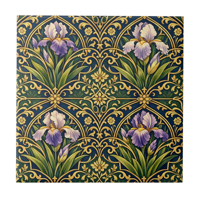 Art Nouveau Iris Floral Damask Kakelplatta (Framsidan)