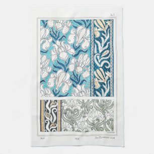 Art nouveau iris lily blommigt textil art blue kökshandduk