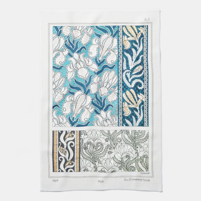 Art nouveau iris lily blommigt textil art blue kökshandduk (Vertikal)