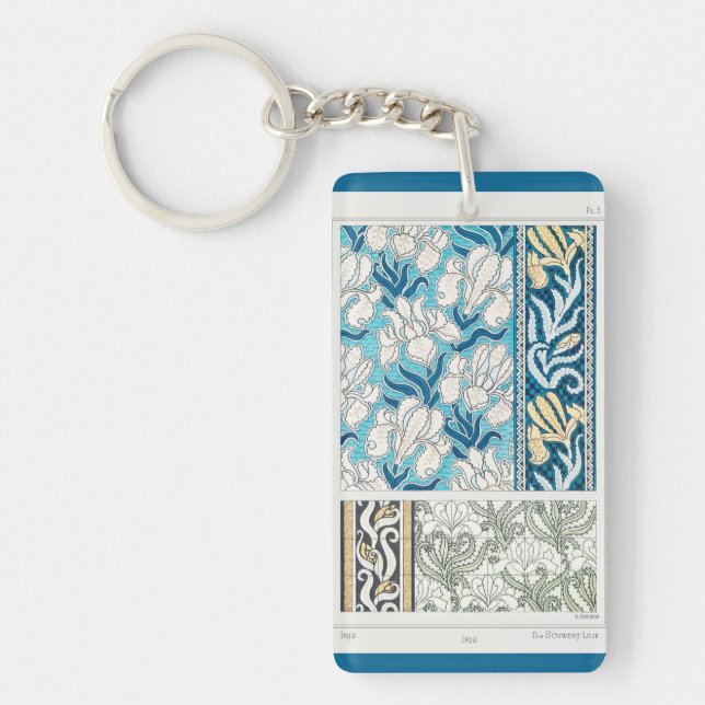 Art nouveau iris lily blommigt textil art keychain (Framsidan)