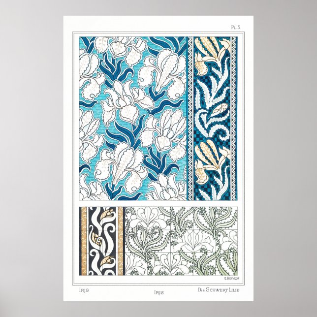 Art nouveau iris lily blommigt textil konst poster (Framsidan)