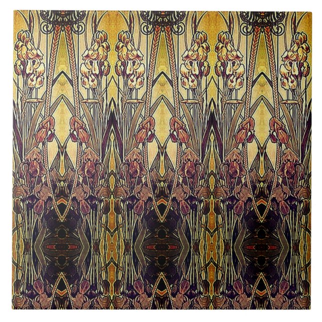Art nouveau iris mönster guld bronze red elegant kakelplatta (Framsidan)