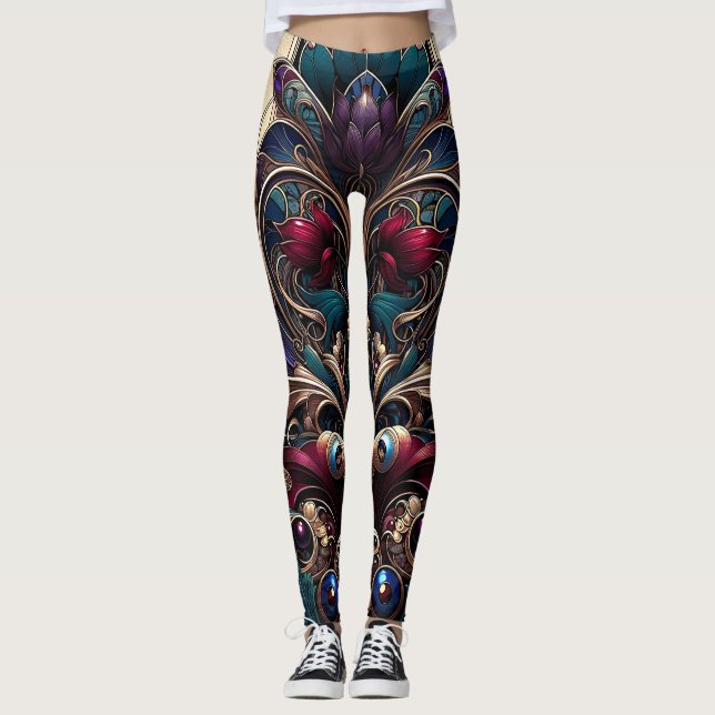 Art nouveau Jewel Tone Blommigt Vintage Glam Leggings (Framsida)