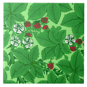Art nouveau Jordgubbar och Löv, Lime Green Kakelplatta