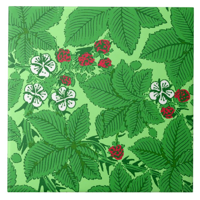 Art nouveau Jordgubbar och Löv, Lime Green Kakelplatta (Framsidan)
