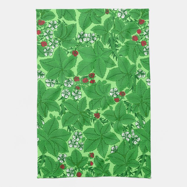 Art nouveau Jordgubbar och Löv, Lime Green Kökshandduk (Vertikal)