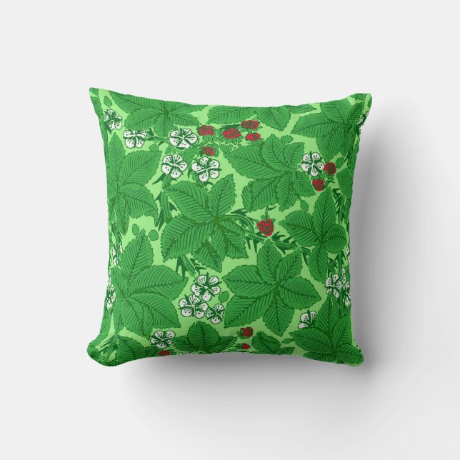 Art nouveau Jordgubbar och Löv, Lime Green Kudde (Framsida)