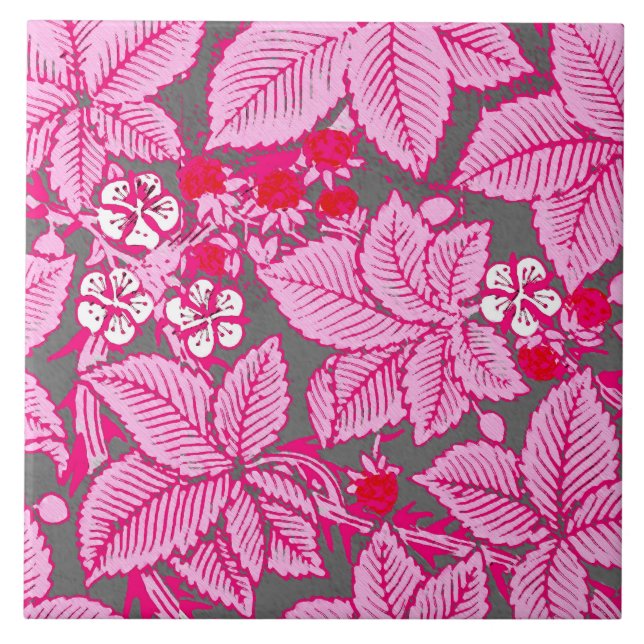 Art nouveau Jordgubbar och Löv, Rosa och Grått Kakelplatta (Framsidan)