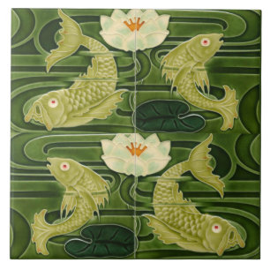Art Nouveau Jugendstil Damm Fisk Grön Kakelplatta