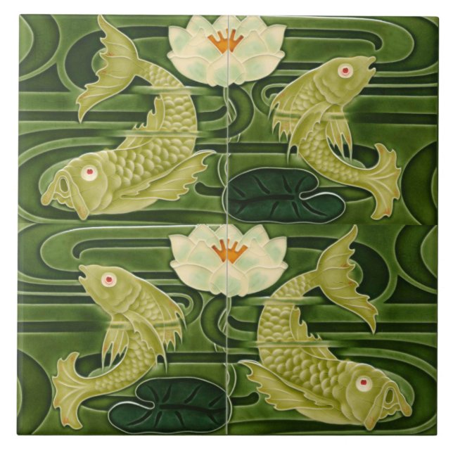 Art Nouveau Jugendstil Damm Fisk Grön Kakelplatta (Framsidan)