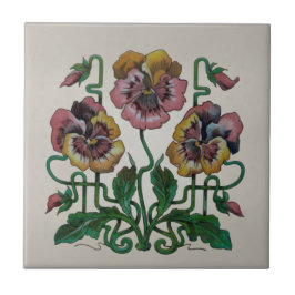 Art nouveau Jugendstill Rosa Pansies Repro Antique Kakelplatta
