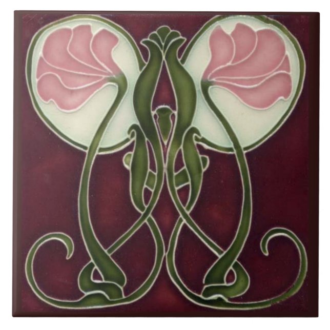 Art nouveau Keepsaktile - Rosa Blomöverhuvuden Kakelplatta (Framsidan)