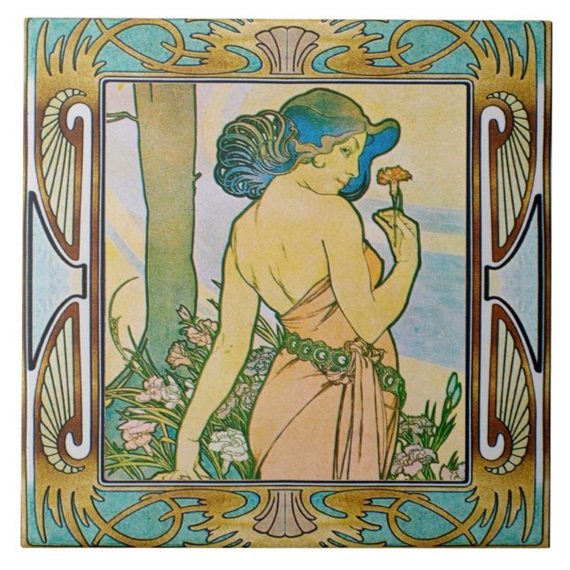 Art nouveau keramisk platta Alphose mucha Design 0 Kakelplatta (Framsidan)