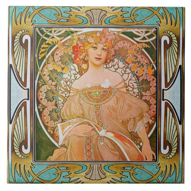 Art nouveau keramisk plattalfos mucha design 01 kakelplatta (Framsidan)