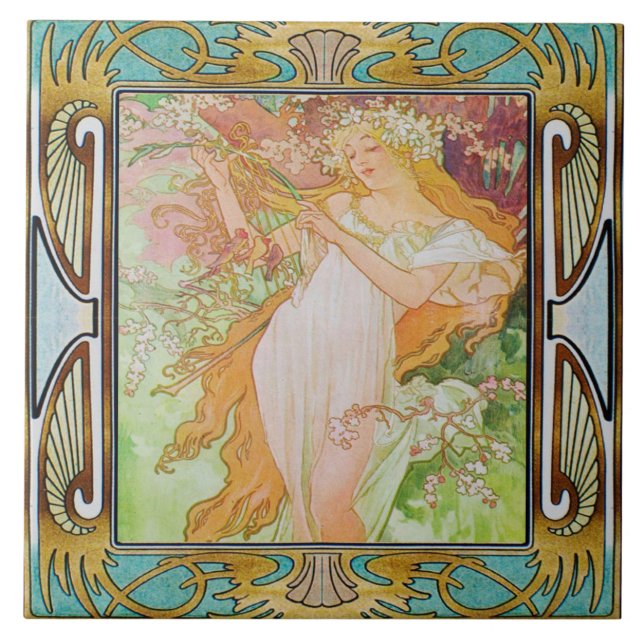 Art nouveau keramisk plattalfos mucha design 02 kakelplatta (Framsidan)