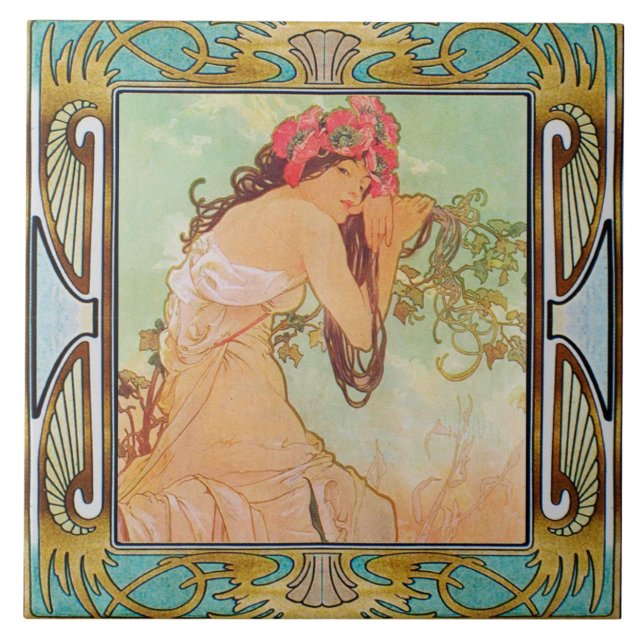 Art nouveau keramisk plattalfos mucha design 03 kakelplatta (Framsidan)