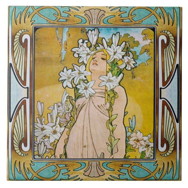 Art nouveau keramisk plattalfos mucha design 04 kakelplatta (Framsidan)