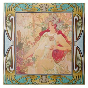 Art nouveau keramisk plattalfos mucha design 05 kakelplatta
