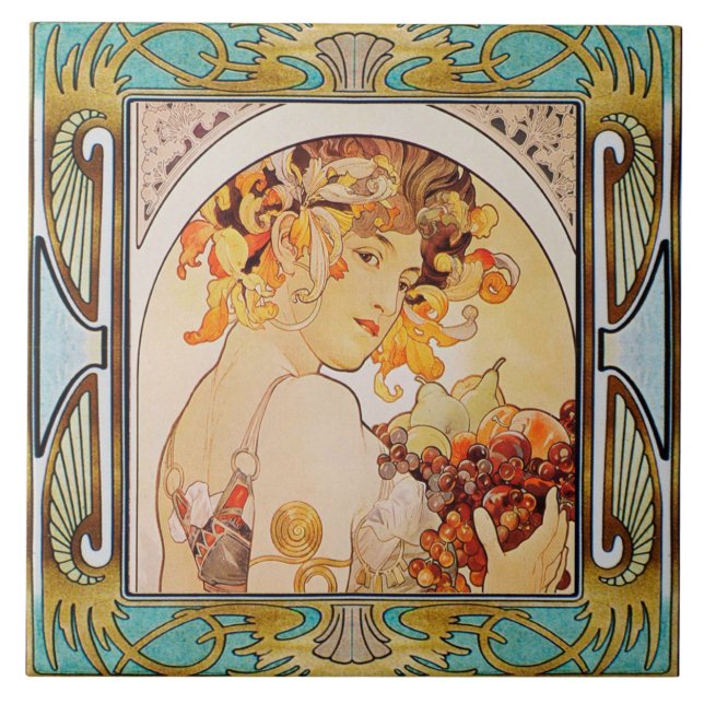 Art nouveau keramisk plattalfos mucha design 10 kakelplatta (Framsidan)