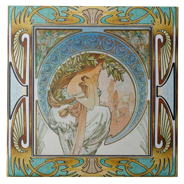 Art nouveau keramisk plattalfos mucha design 12 kakelplatta (Framsidan)