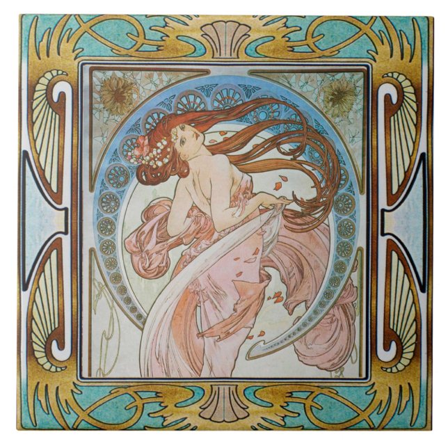 Art nouveau keramisk plattalfos mucha design 13 kakelplatta (Framsidan)