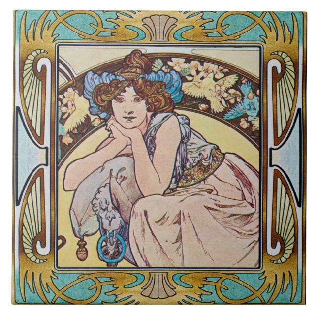 Art nouveau keramisk plattalfos mucha design 14 kakelplatta (Framsidan)