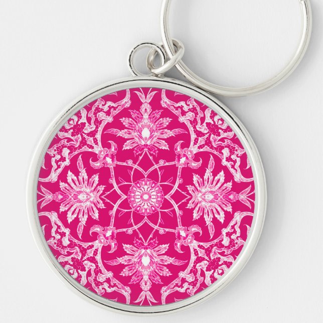 Art nouveau kinesiska Mönster - Fuschia Rosa Rund Silverfärgad Nyckelring (Framsidan)