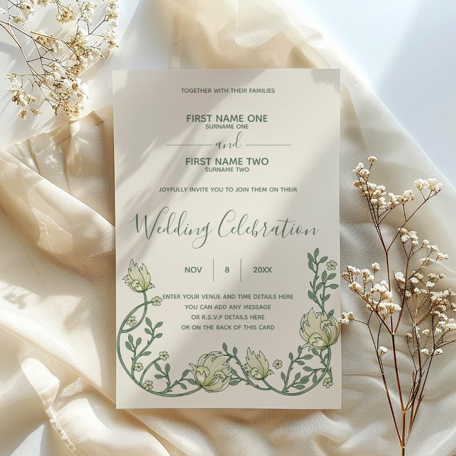 Art nouveau kräm-blommigtens bröllopsinbjudan inbjudningar (Art nouveau wedding invitation with green script and vintage style floral bottom border.)