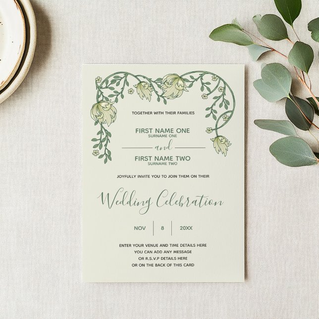 Art nouveau kräm och grönt bröllopsinbjudan inbjudningar (Art nouveau wedding invitation with green script and vintage style floral top frame)