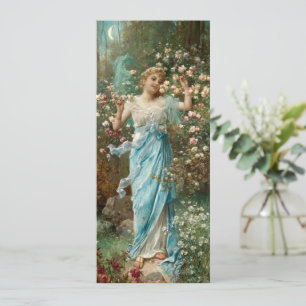 Art nouveau kvinna i blommor under ett kust Måne Kort