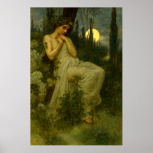 Art Nouveau Kvinna I Trädgård Under En Junimåne Poster