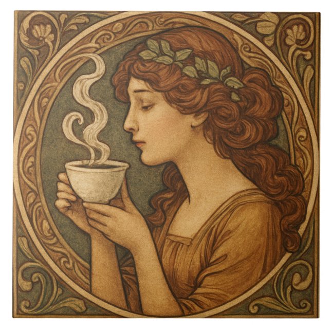Art nouveau kvinnor med kaffe kakelplatta (Framsidan)