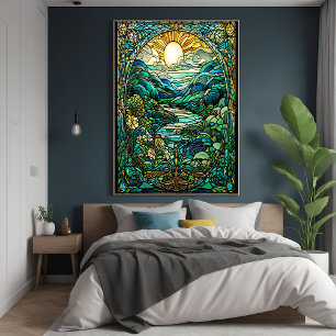 Art nouveau-lagrad soluppgång i glaset Ligcape Art Poster