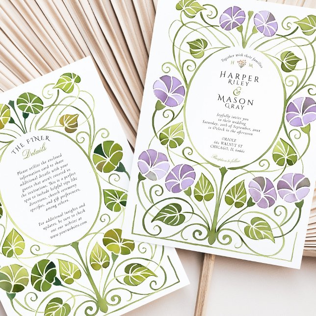 Art nouveau Lavender Greenery Foliage Bröllop Inbjudningar (Skapare uppladdad)