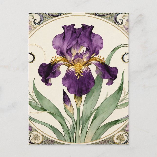 Art Nouveau Lila Iris Vykort (Framsida)