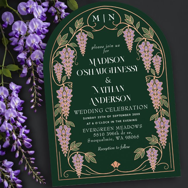 Art Nouveau lila Wisteria Rose Guld Bröllopsbåge Inbjudningar (Skapare uppladdad)