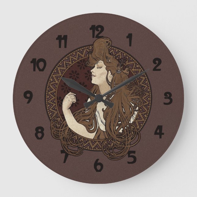 Art nouveau Long Mörk Hearing Woman Stor Klocka (Framsida)