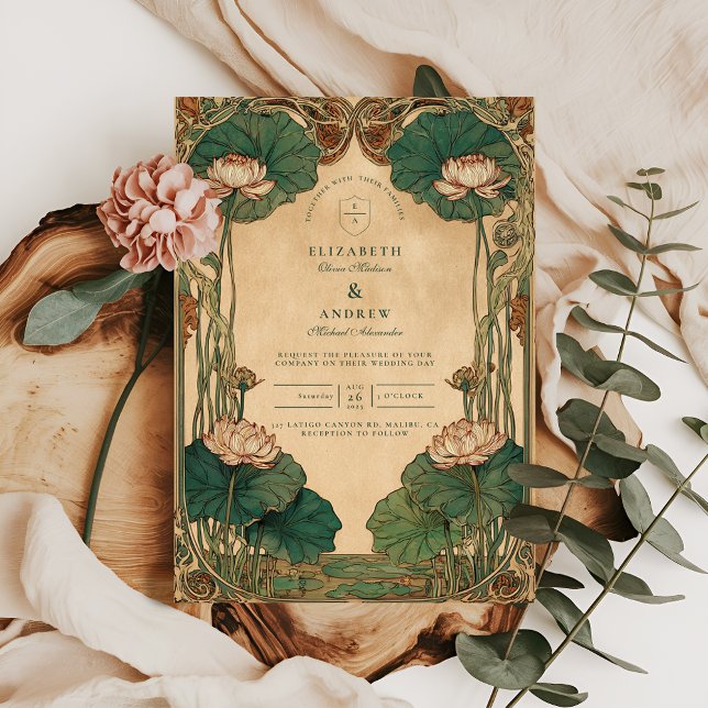 Art Nouveau Lotus Blommig Bröllop Inbjudningar (Skapare uppladdad)