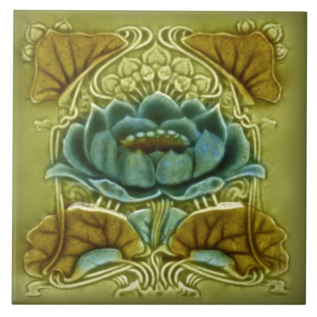 Art nouveau Lotus Repro av Glazed Antique Tile Kakelplatta (Framsidan)