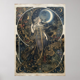 Art Nouveau mån gudinnan kvinna Celestial Blommig Poster