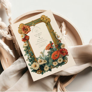 Art Nouveau Marguerit Gerbera Blommig Ram Bröllop Inbjudningar