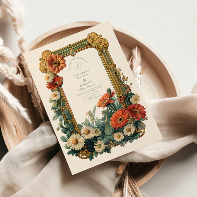 Art Nouveau Marguerit Gerbera Blommig Ram Bröllop Inbjudningar (Skapare uppladdad)