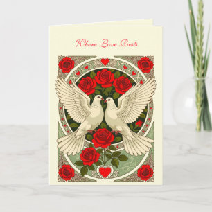 Art Nouveau med vita duvor och röda rosor Kort