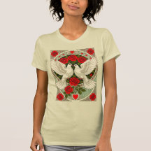 Art Nouveau med vita duvor och röda rosor