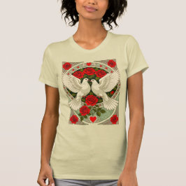 Art Nouveau med vita duvor och röda rosor T Shirt