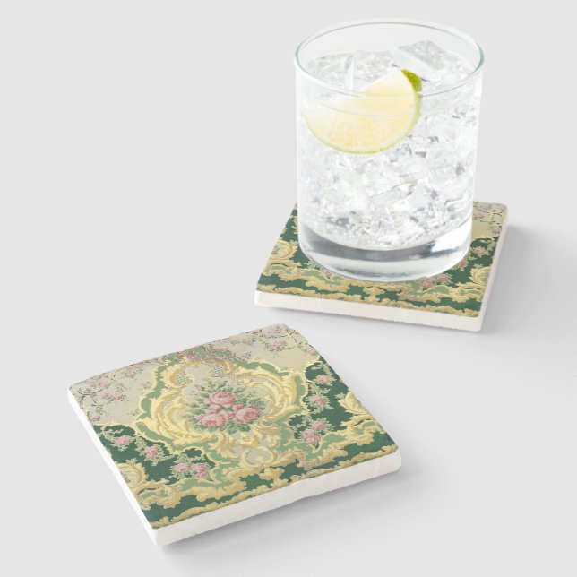 Art nouveau Metallic Guld Rosa ros Bröllop Bord Stenunderlägg (Sidan)