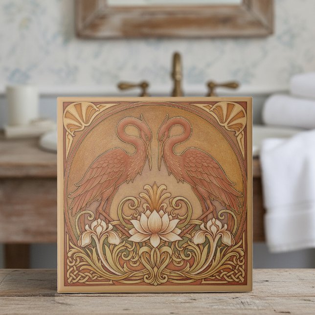 Art Nouveau Mirrored CranePat#9 Terra Cotta ID1193 Kakelplatta (Skapare uppladdad)