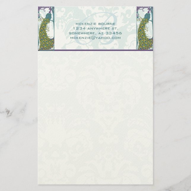 Art nouveau Monogram Peacock Stationery Brevpapper (Framsida)