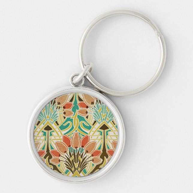 Art nouveau mönster #11 rund silverfärgad nyckelring (Framsidan)