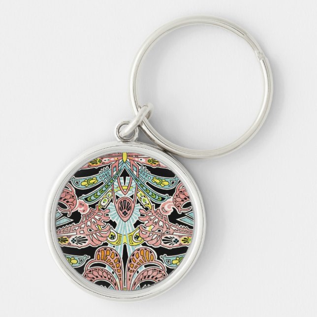 Art nouveau mönster #8 rund silverfärgad nyckelring (Framsidan)